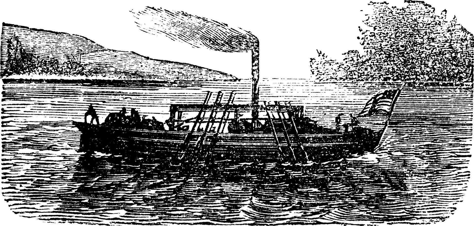 le vapeur bateau, expérience, par John Fitch, Etats-Unis, 1786, ancien gravure. vecteur