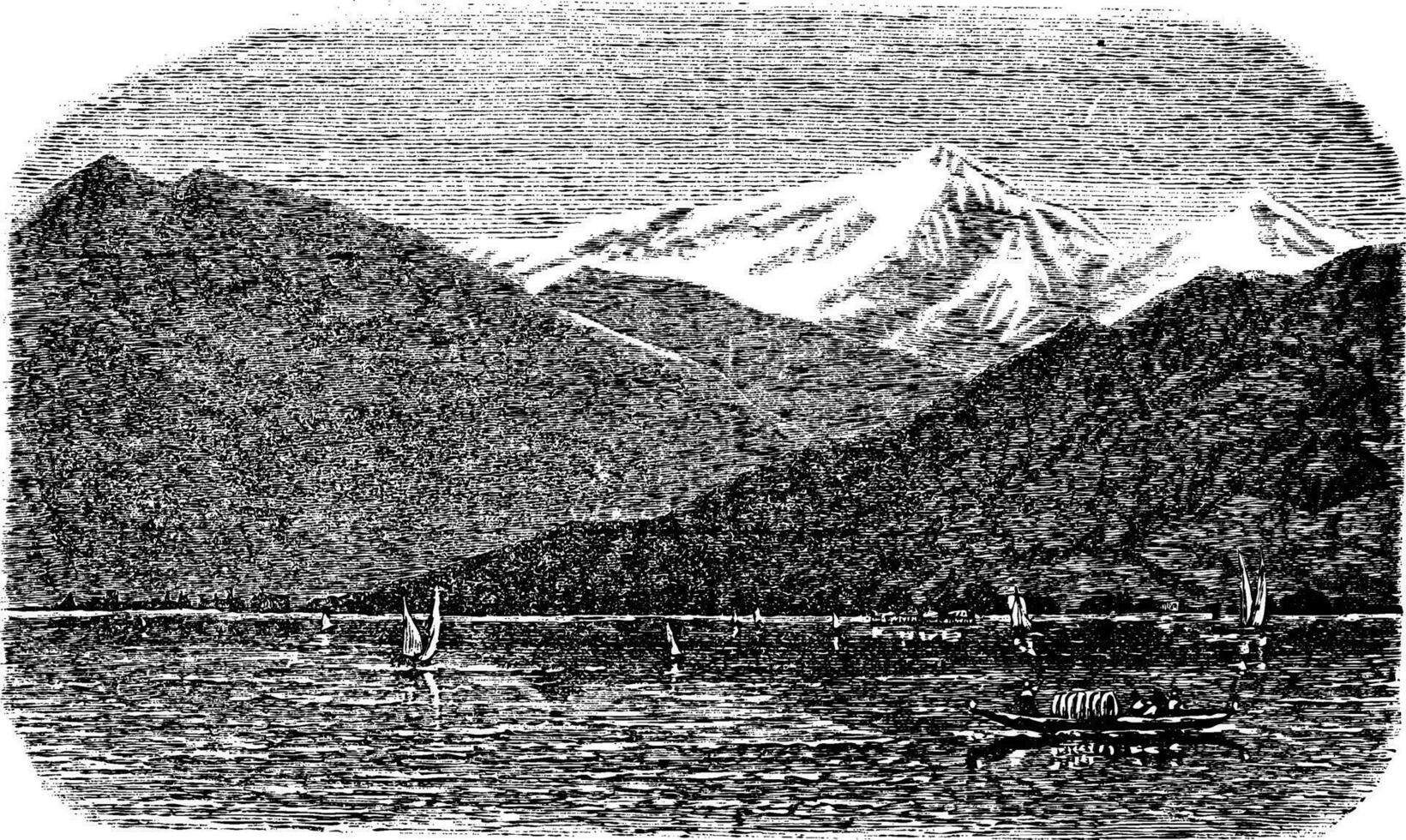 mont blanc montagne, Lac Genève, Suisse et France, ancien gravure. vecteur