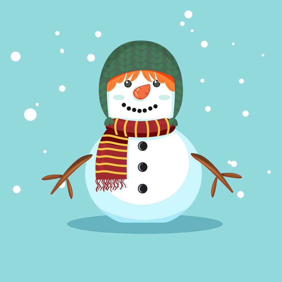 mignonne dessin animé bonhomme de neige dans le neige dans chapeau et écharpe vecteur