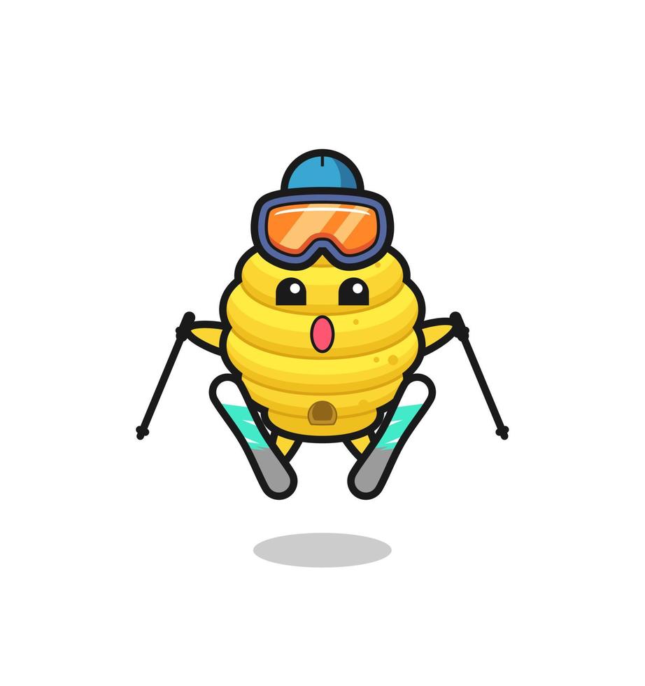 personnage mascotte de la ruche d'abeilles en tant que joueur de ski vecteur