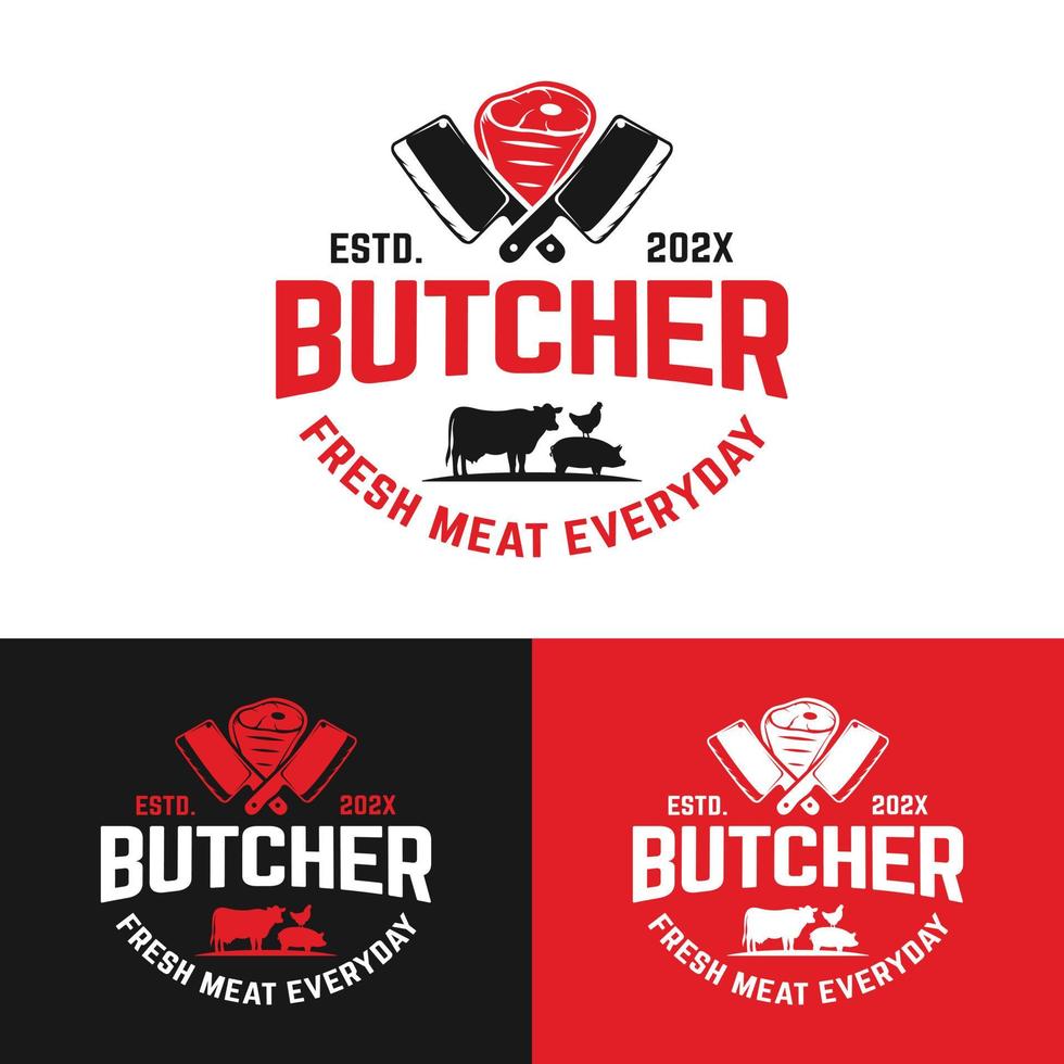 couteau à viande avec viande et vache porc poulet modèle de conception de logo vintage vecteur