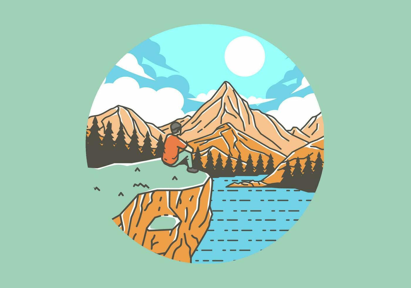 Extérieur illustration de une homme est assis sur une falaise avec vues de des lacs, les forêts et montagnes vecteur