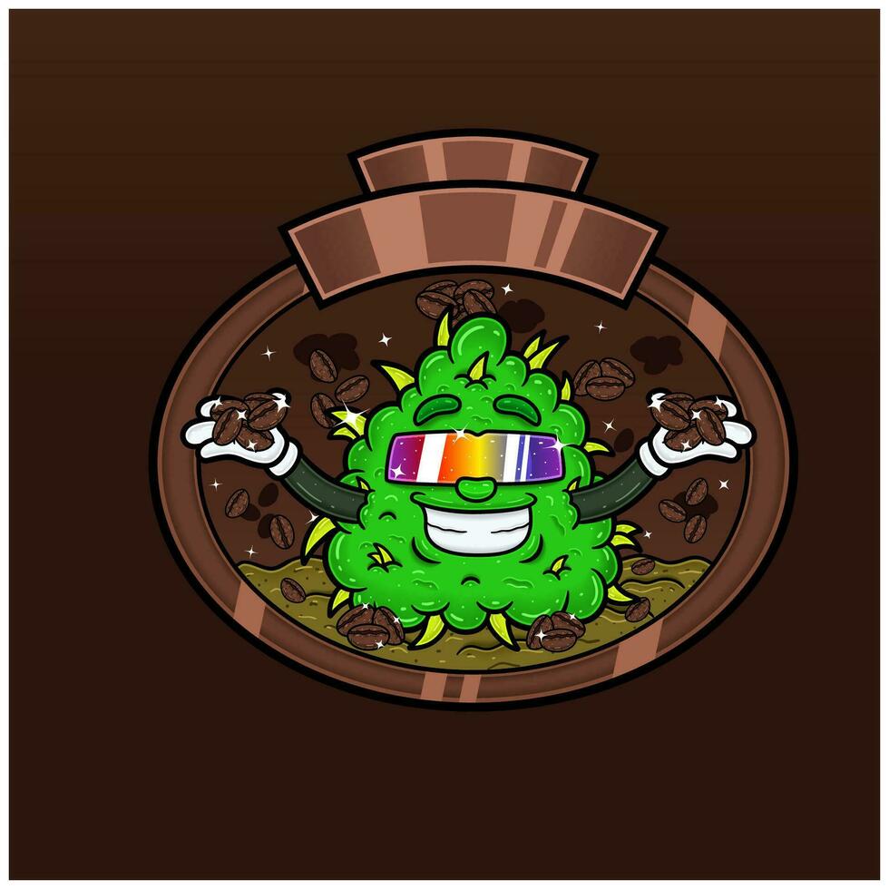 café saveur avec cannabis mascotte dessin animé. cannabis conception pour logo, étiquette et emballage produit. vecteur