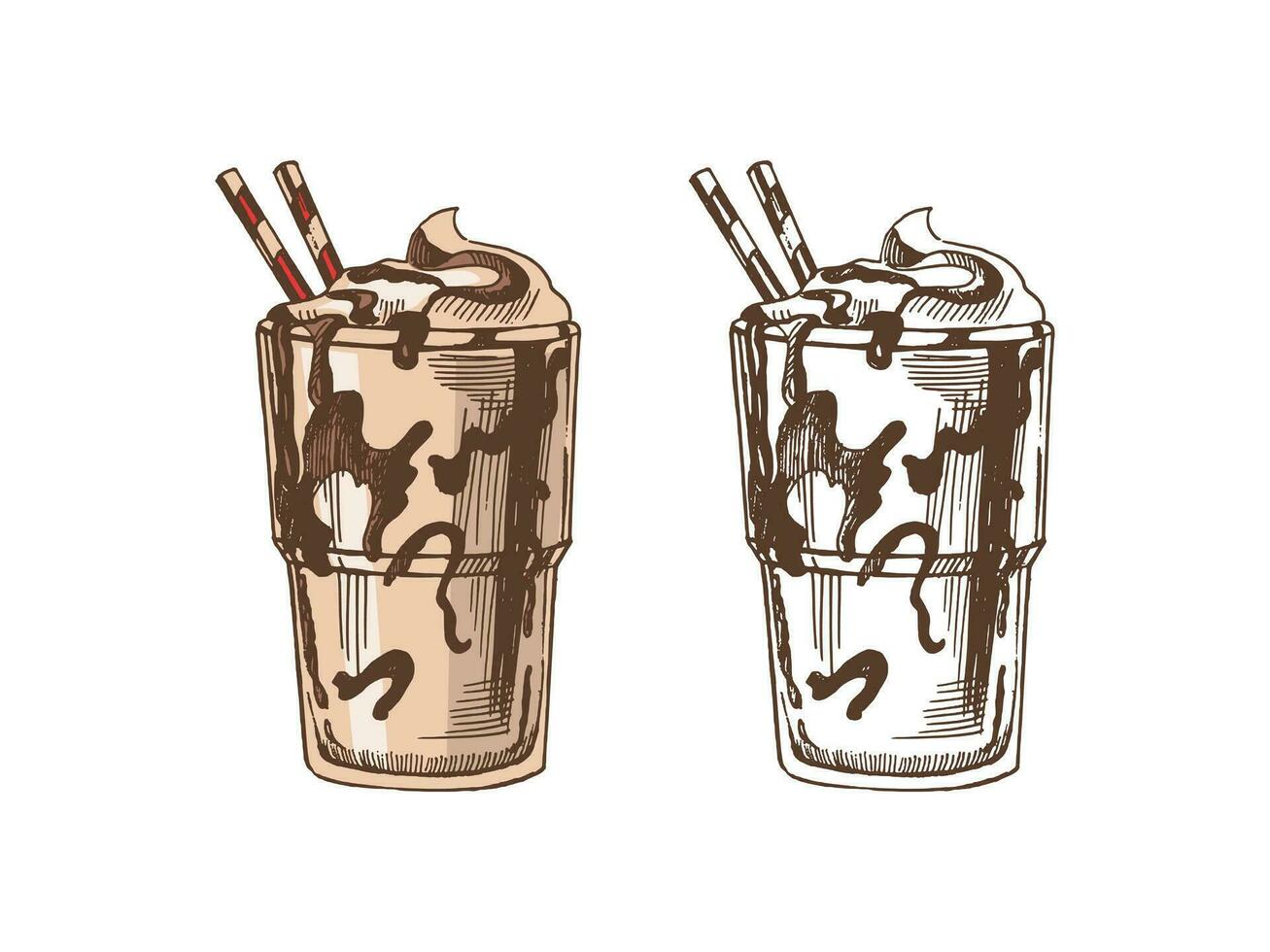 une dessiné à la main coloré et monochrome esquisser de verre de Chocolat Milk-shake. ancien, griffonnage illustration. élément pour le conception de Étiquettes, emballage et cartes postales. vecteur