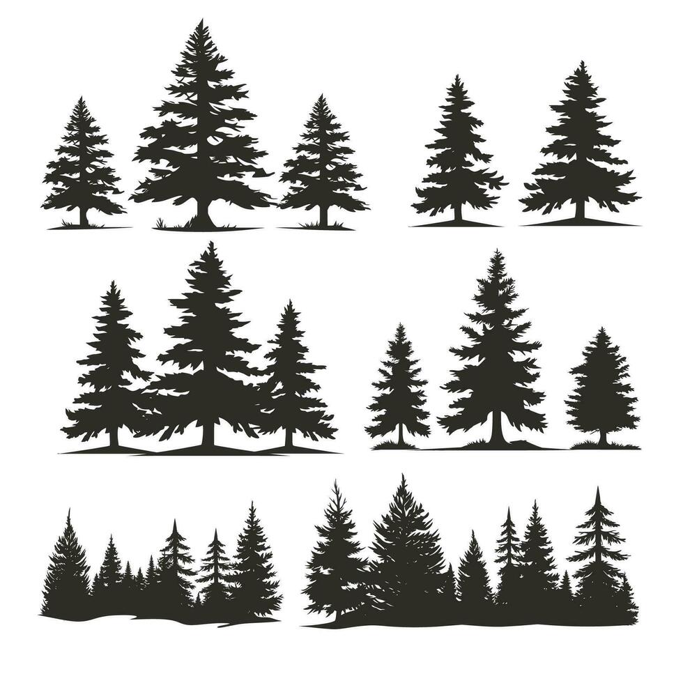 vecteur ancien des arbres et forêt silhouettes ensemble avec sapin arbre silhouette et contour