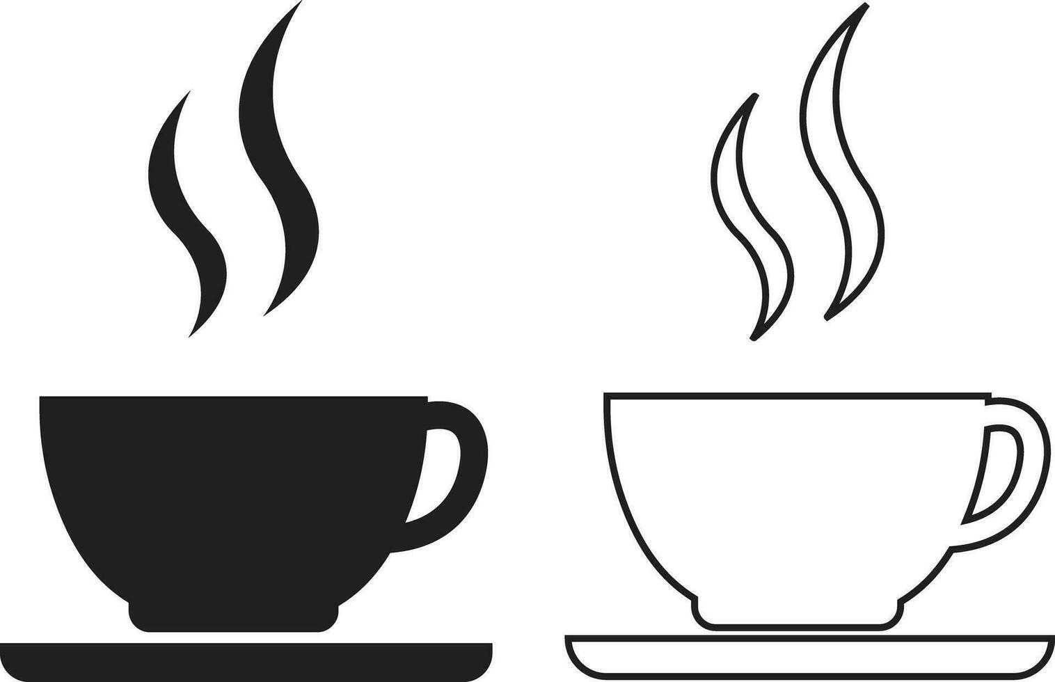 café et thé en relation tasse icône dans plat, ligne ensemble isolé sur transparent Contexte collection chaud caféine boisson café papier Plastique récipient du froid boire, jus, cacao et autre vecteur applications la toile