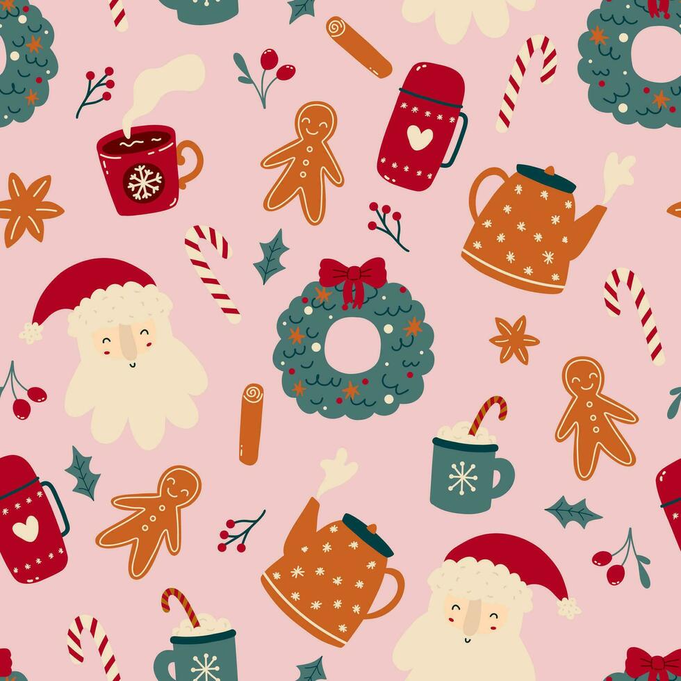 Noël vacances plat vecteur sans couture modèle. hiver saison symboles texture. traditionnel Noël les attributs décoratif toile de fond. Noël arbre jouets, pain d'épice biscuits, présente illustration.