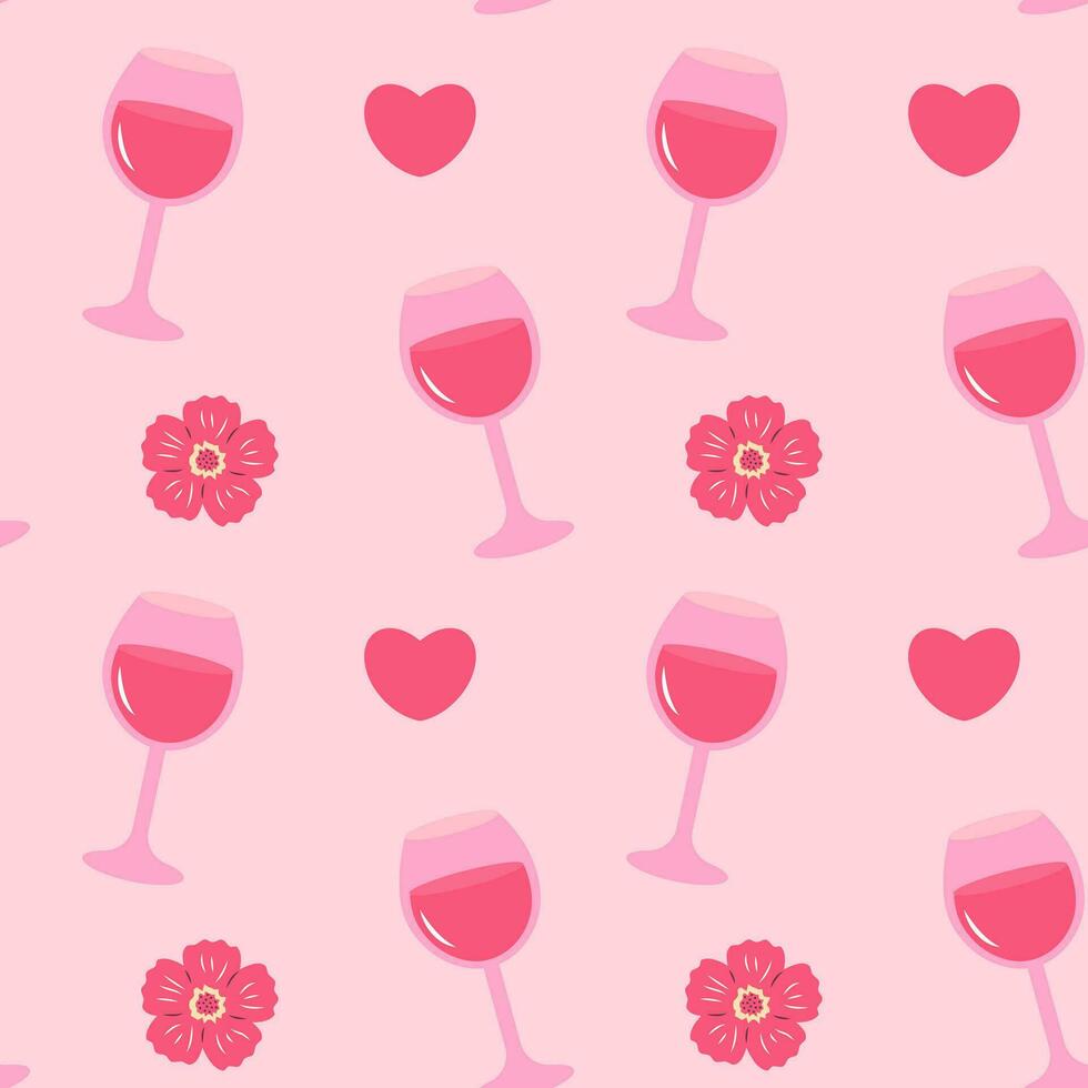 coeur rose charme sans couture modèle. rose modèle avec du vin verre, cœur et fleur. vecteur