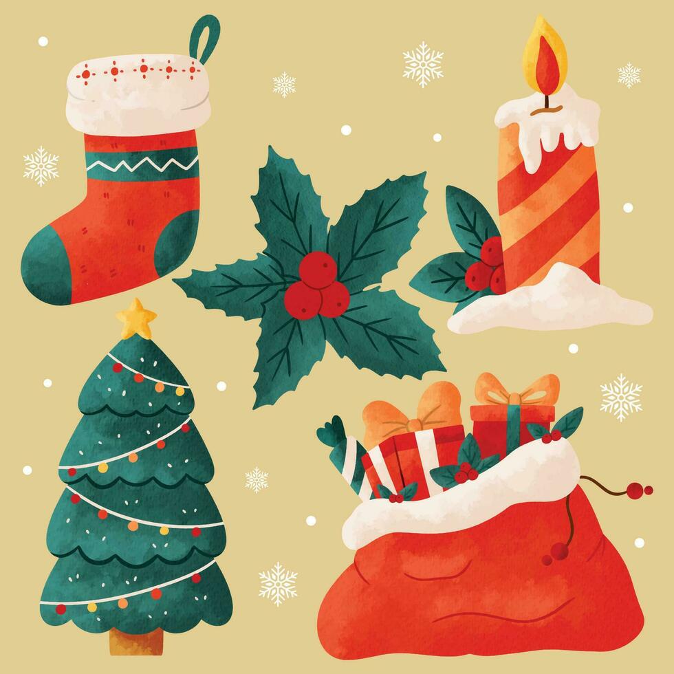 élément décoration de joyeux Noël journée avec aquarelle style Noël de le chapeau, cloche, Chocolat gants et cadeau boîte vecteur illustration mignonne griffonnage collection pour Nouveau année