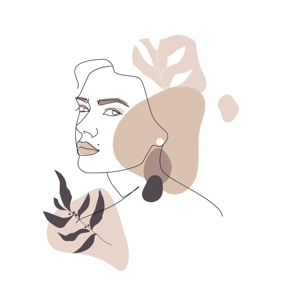 un ligne abstrait femme portrait avec les plantes dans minimaliste style. main dessin femelle visage contour vecteur illustration.résumé Les figures et plante éléments pastel couleurs.mode impression, affiche, impression