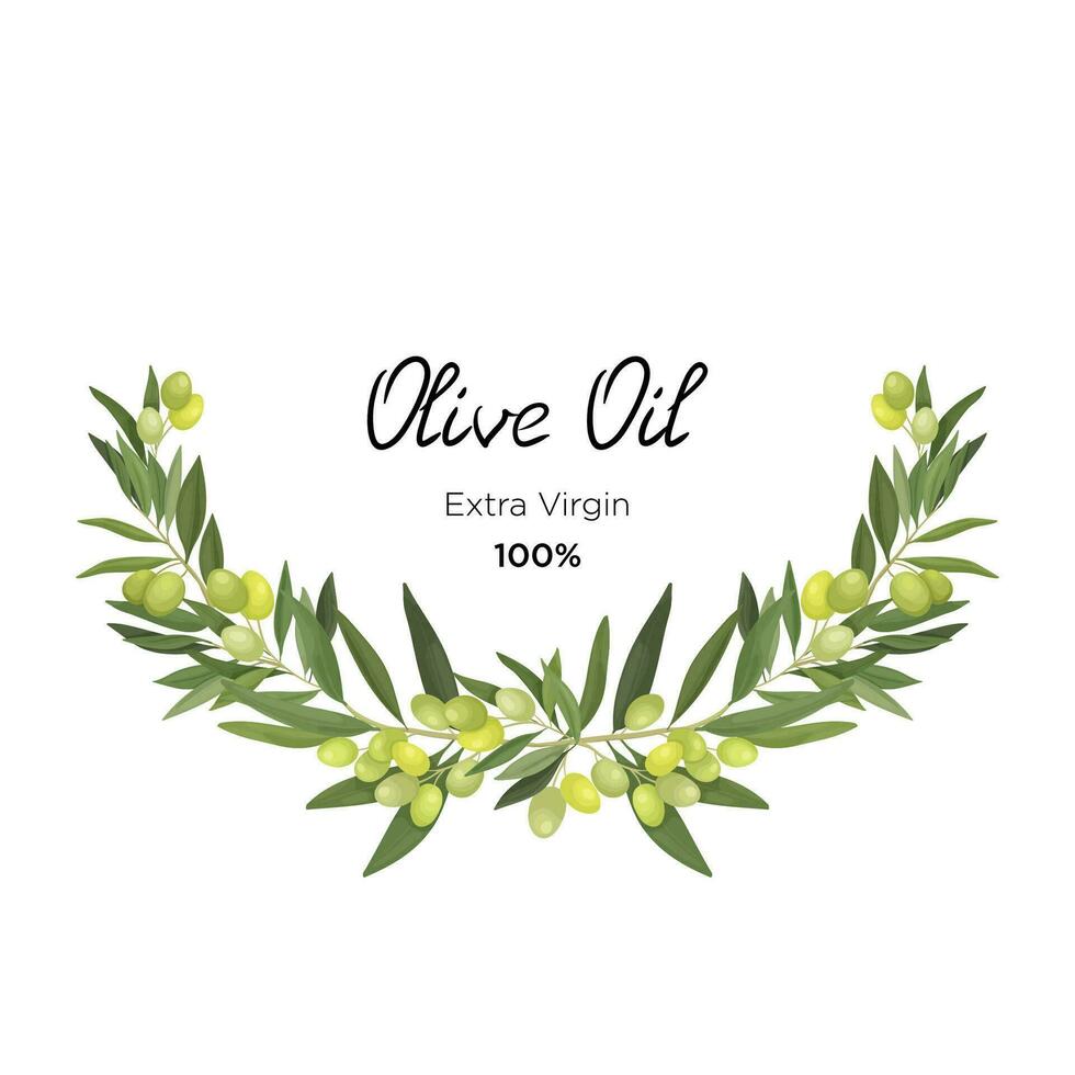 vecteur illustration de une demi-cercle couronne de olive branches et des fruits dans une dessin animé style. olive Cadre pour vierge huile, emballage et étiquette et bannière