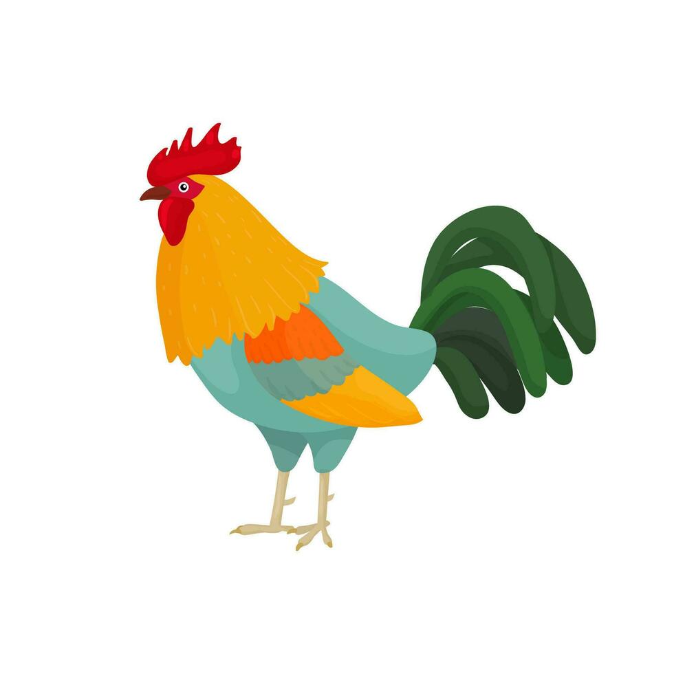 vecteur illustration de une coq dans dessin animé style avec bleu plumes. brillant coq comme une symbole ou mascotte pour enfants livres, Vêtements conception et cartes postales avec des lettres.