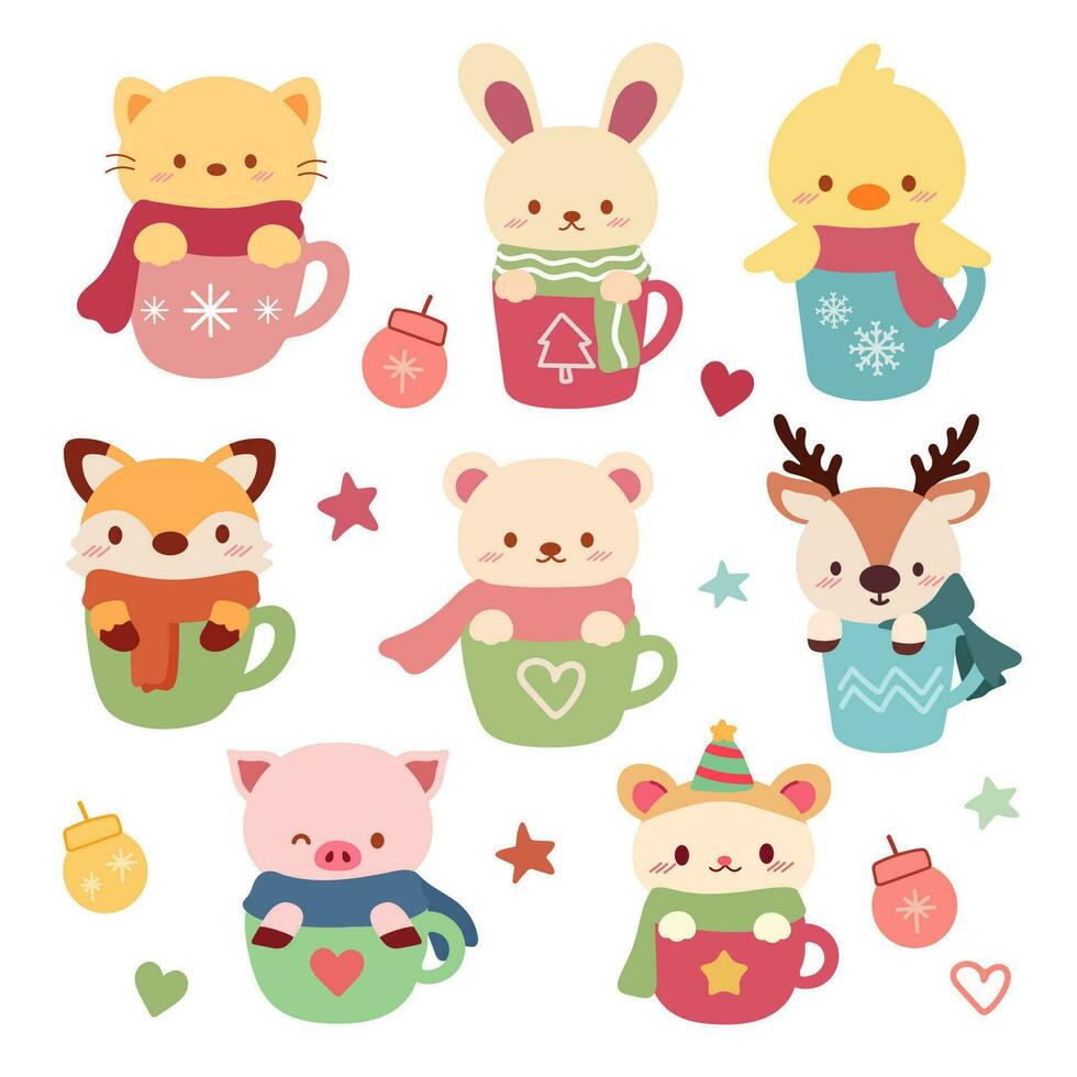 le collection de mignonne animal dans le tasse de café dans Noël thème ensemble dans plat vecteur style.le animaux comprendre une Renard, ours, chat, cerf, canard, cochon, hamster et lapin.