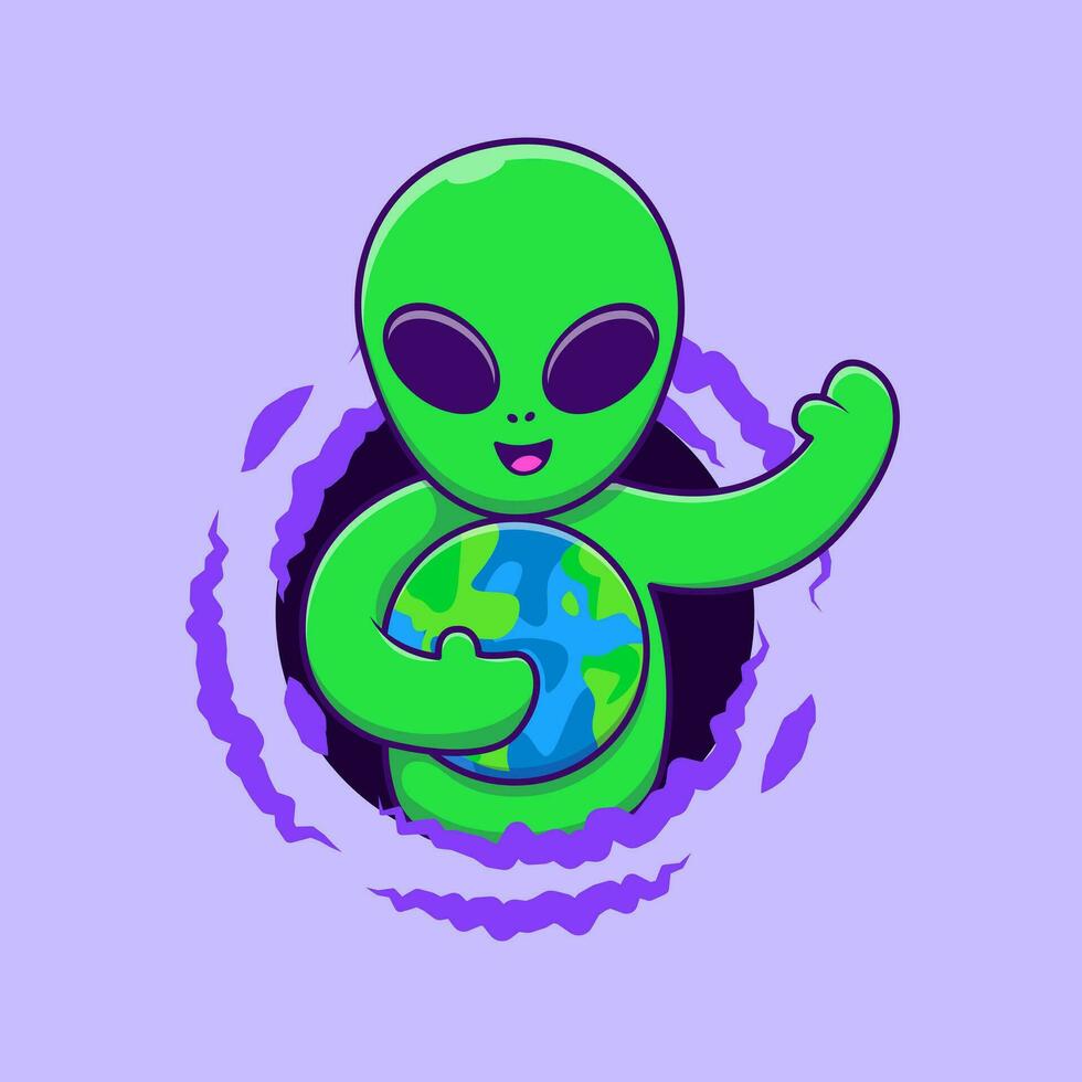 extraterrestre mignon avec illustration d'icônes vectorielles de dessin animé de terre. concept de dessin animé plat. adapté à tout projet créatif. vecteur