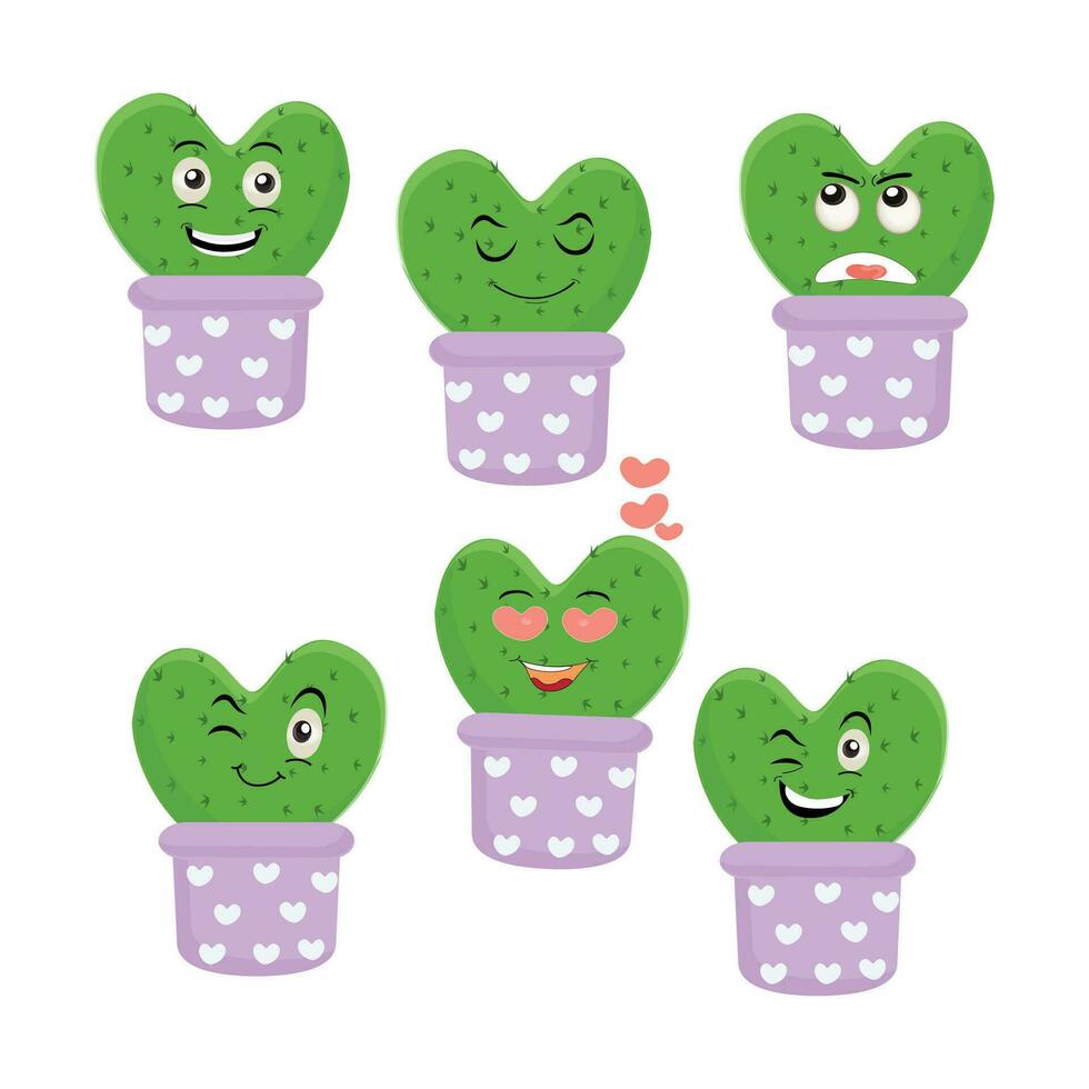 dessin animé mignonne cactus mascotte, mis en pot cactus personnages réglé, marrant cactus dans fleur pot avec différent émotions vecteur des illustrations sur une blanc Contexte