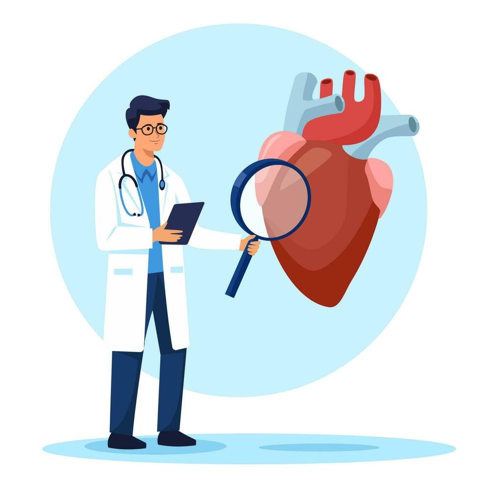 plat vecteur illustration. une cardiologue en portant une grand grossissant verre et en train d'étudier le santé de le cœur