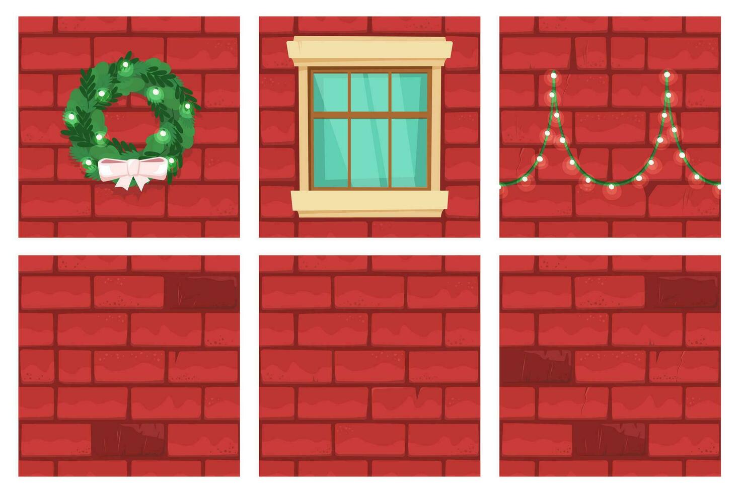 vacances rouge brique mur arrière-plans collection, dessin animé hiver maison décorations couvert avec neige, vecteur sans couture textures