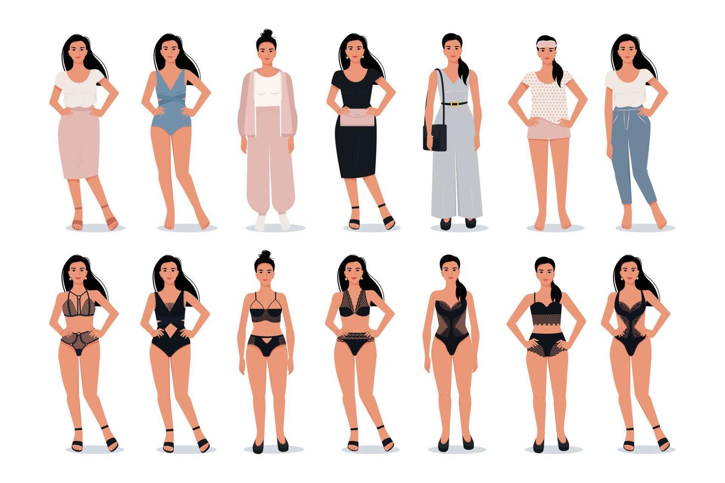 femmes habillées et en ensemble de lingerie. ensembles de vêtements à la mode. différents looks élégants. illustration vectorielle de style plat. vecteur