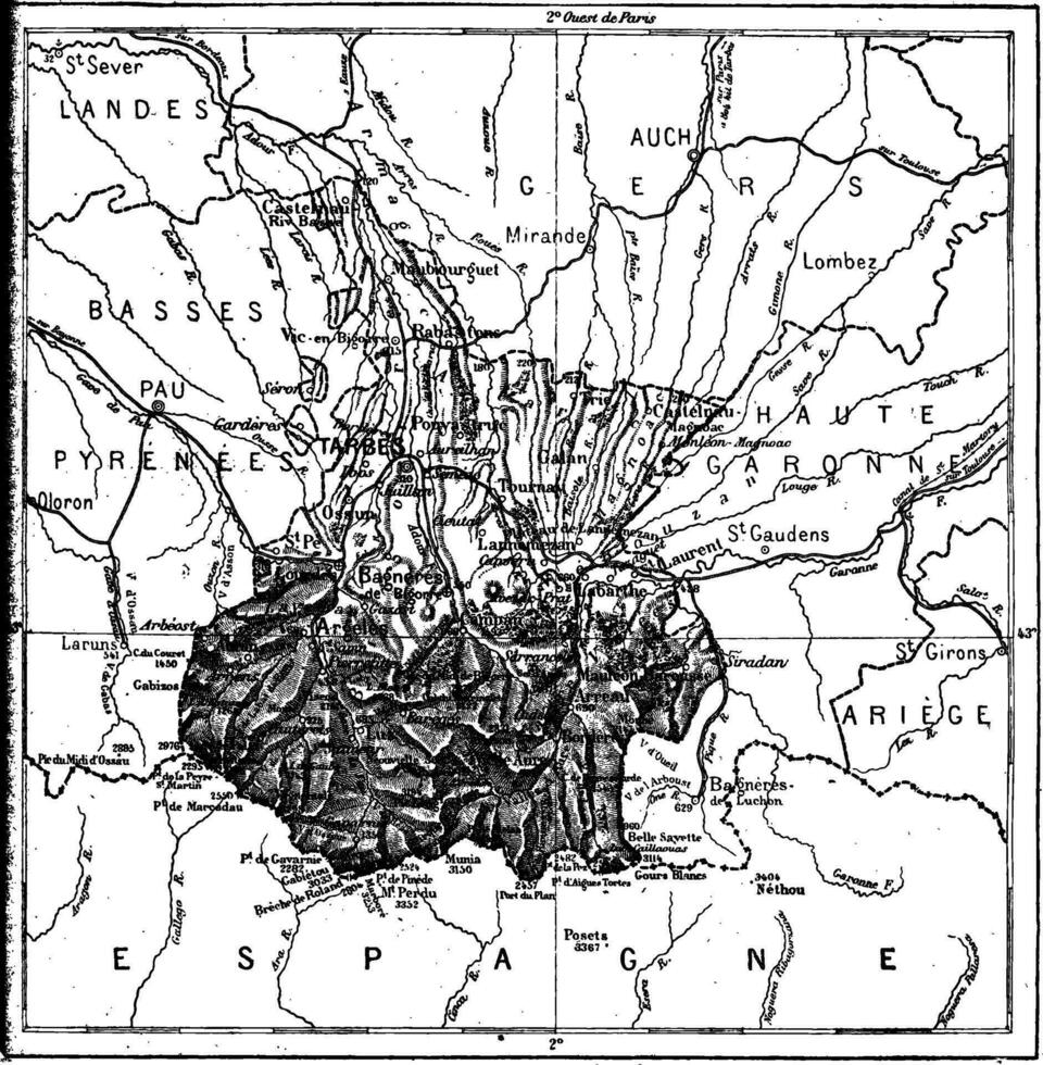 département de le hautes-pyrénées, ancien gravure. vecteur