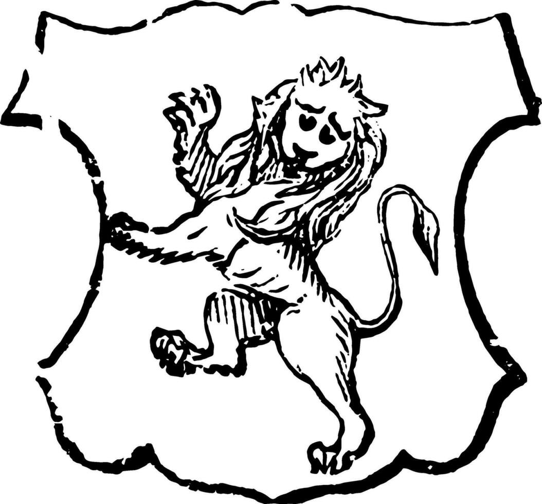 Lion rampant gardant est traditionnellement symbolise bravoure, ancien gravure. vecteur