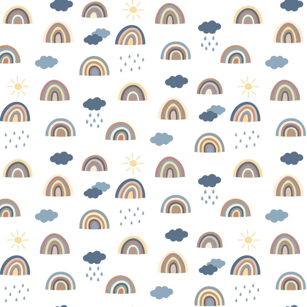 motif arc-en-ciel de dessin animé coloré avec soleil et pluie, griffonnages plats. convient pour le papier peint dans une pépinière ou sur du tissu vecteur