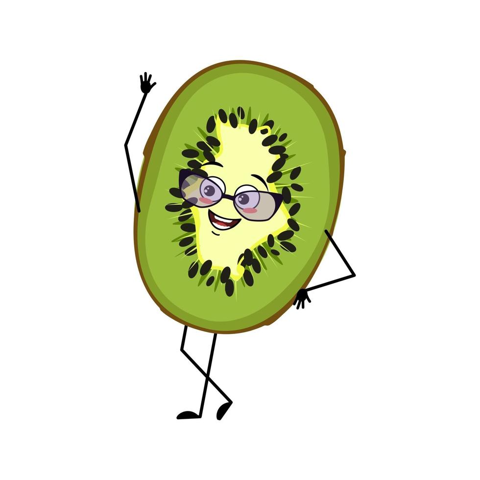 personnage kiwi mignon avec des lunettes et des émotions joyeuses, visage, yeux heureux, bras et jambes. doux sourire de fruits tropicaux exotiques vecteur