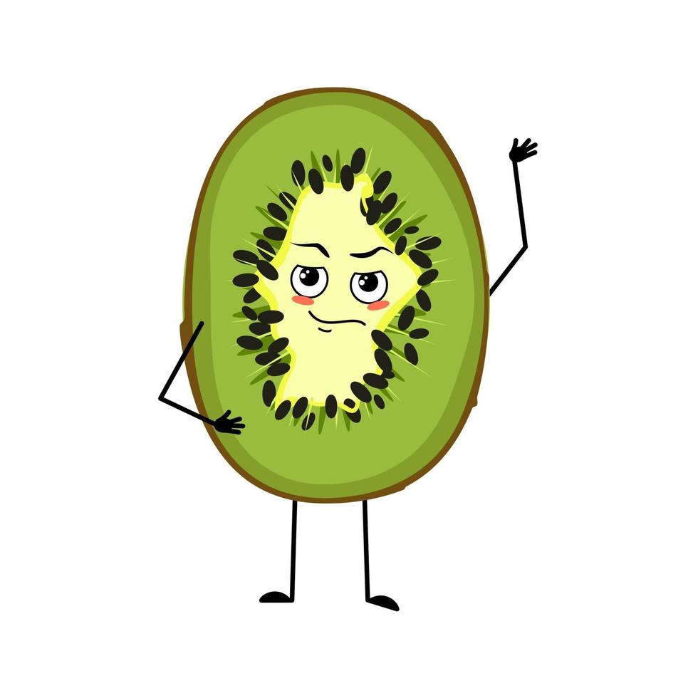 personnage kiwi mignon avec émotions, visage, bras et jambes. le héros drôle ou fier, dominateur, doux fruit tropical exotique avec des yeux vecteur