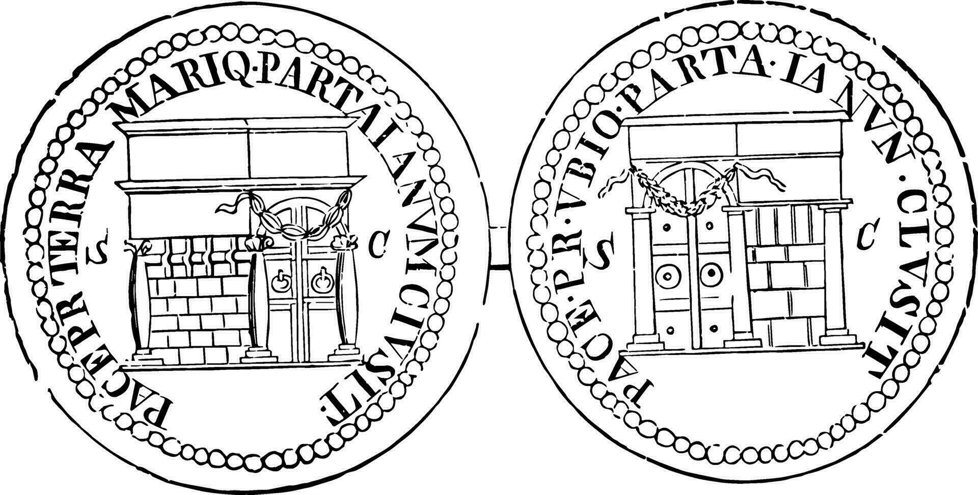 pièce de monnaie de temple de Janus ancien illustration. vecteur