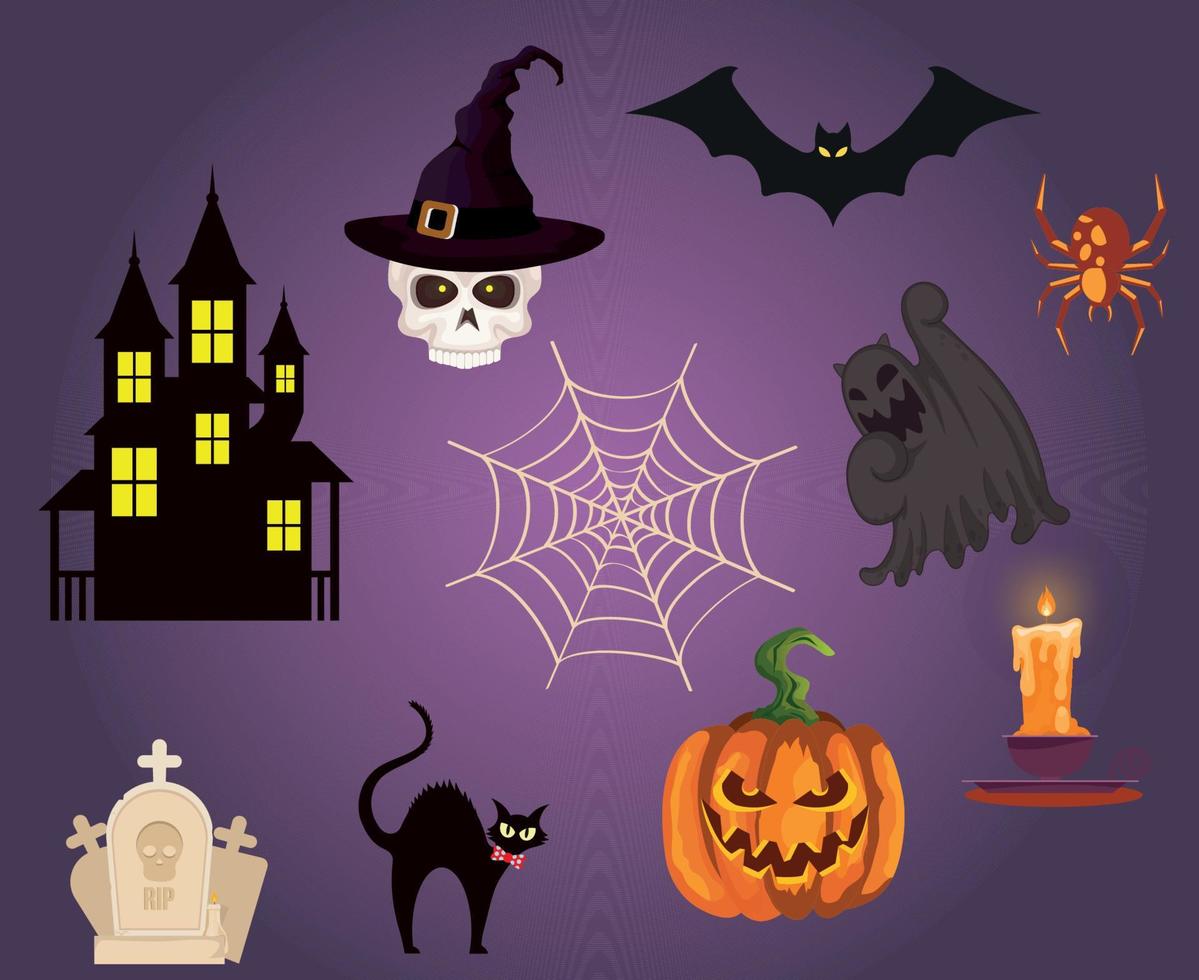 objets halloween fond vecteur citrouille trick or Treat avec spider chat chat fantôme et chauve-souris