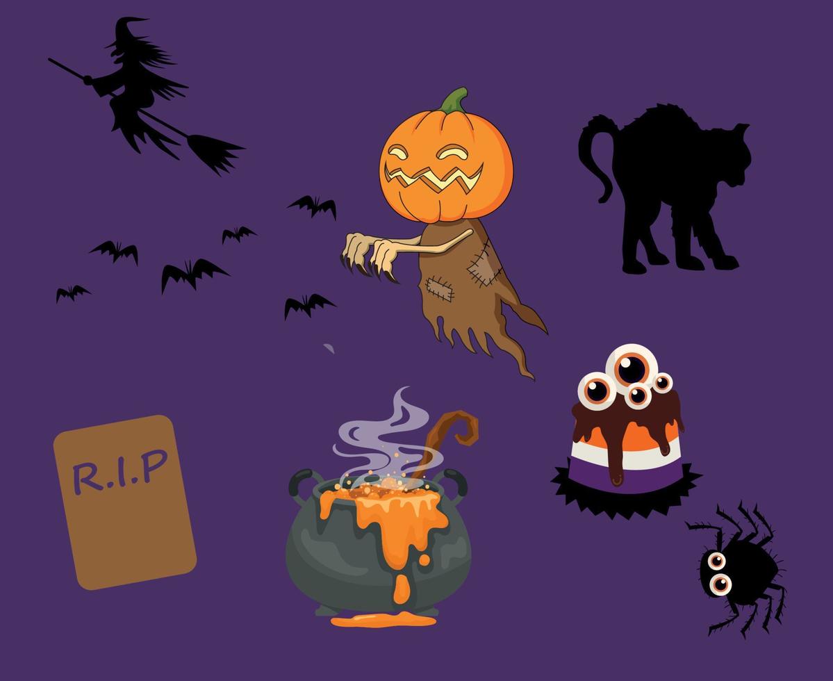 objets citrouille orange halloween jour 31 octobre conception de fête avec chat chauve-souris noir et bonbons vecteur