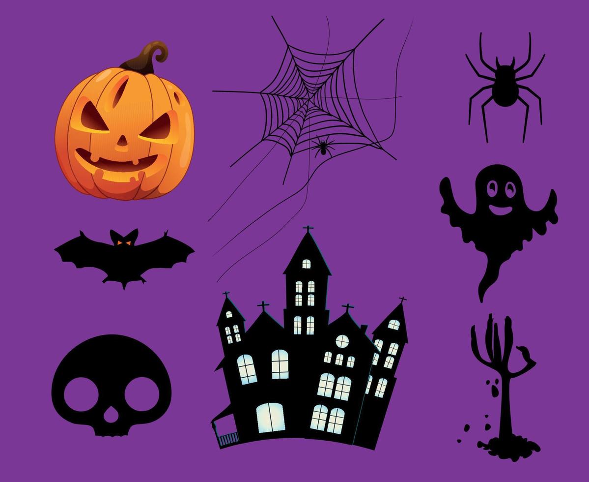 citrouille abstraite orange halloween jour 31 octobre objets araignée design avec housse de chauve-souris noir et fantôme vecteur