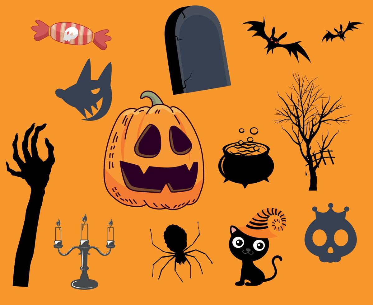 objets vectoriels abstraits joyeux halloween vacances avec arbre tombeau chauve-souris et bonbons chat fantôme vecteur