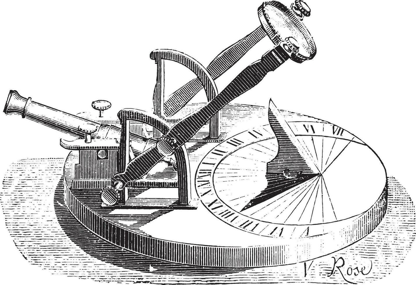 horizontal cadran solaire, canon piédestal, ancien gravure. vecteur
