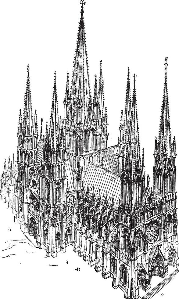 une cavalier vue de le treizième siècle cathédrale, construit entièrement après le type adopté dans Reims, ancien gravure. vecteur