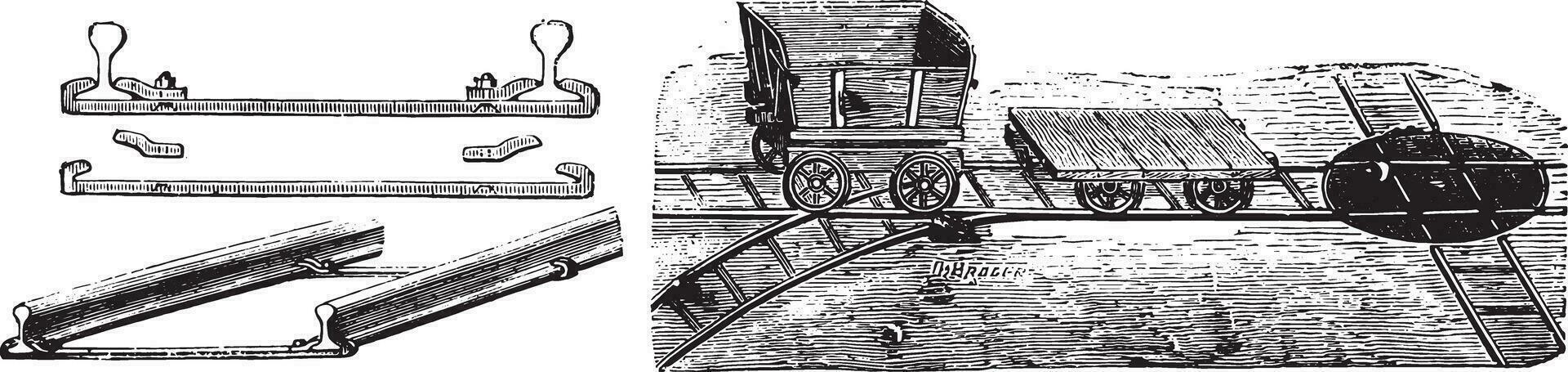 figure Non- 170- installation vue de le chemin, rails et dormeurs, pauvre système, figure Non- 171 vagonnet et moyeu, ancien gravure. vecteur