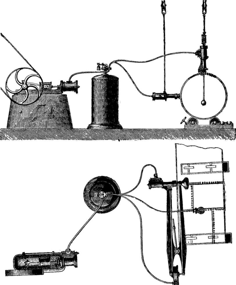 extérieur vue et plan le installation de une portable air comprimé riveteuse, ancien gravure. vecteur