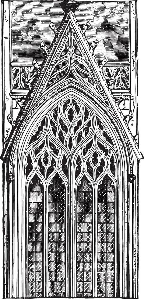 gothique fenêtre de le en retard quinzième siècle cambre tierce point Trois meneaux, fin dans une ardent réseau, ancien gravure. vecteur