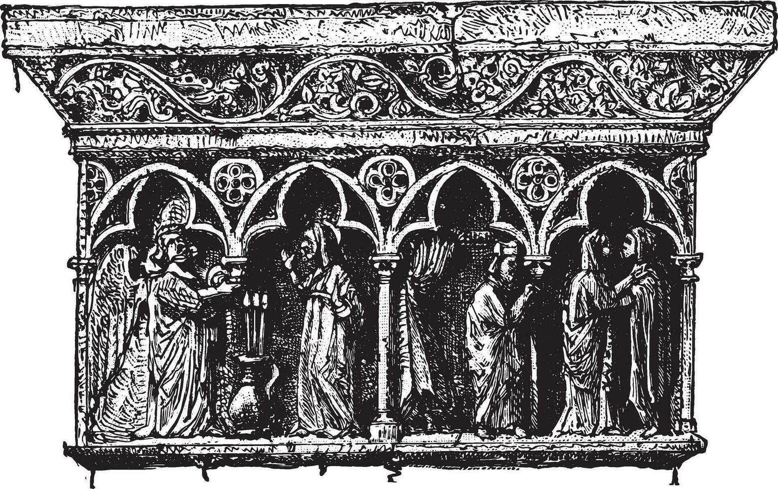 ornemental détails cloître Elne, Pyrénées-Orientales, ancien gravure. vecteur