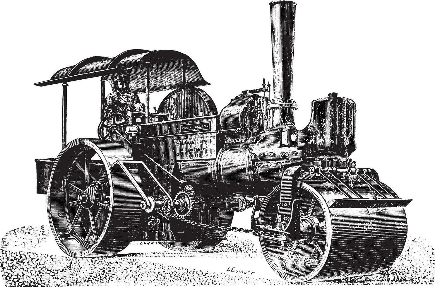 vapeur rouleau pour roulant chaussée, ancien gravure. vecteur