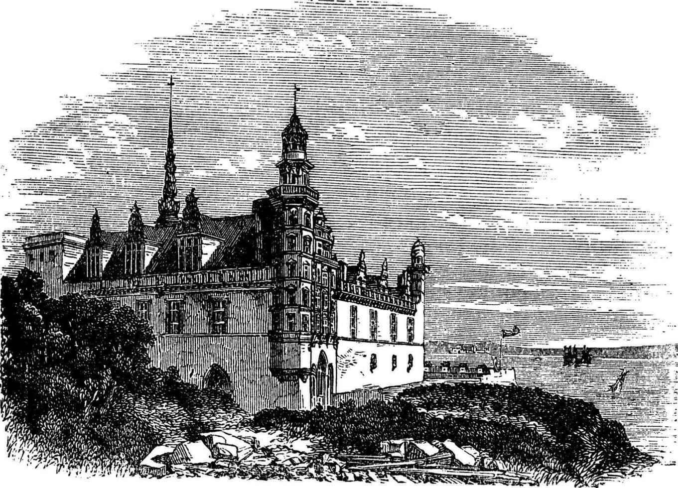 Kronborg Château dans Helsingor, Danemark, ancien gravure vecteur