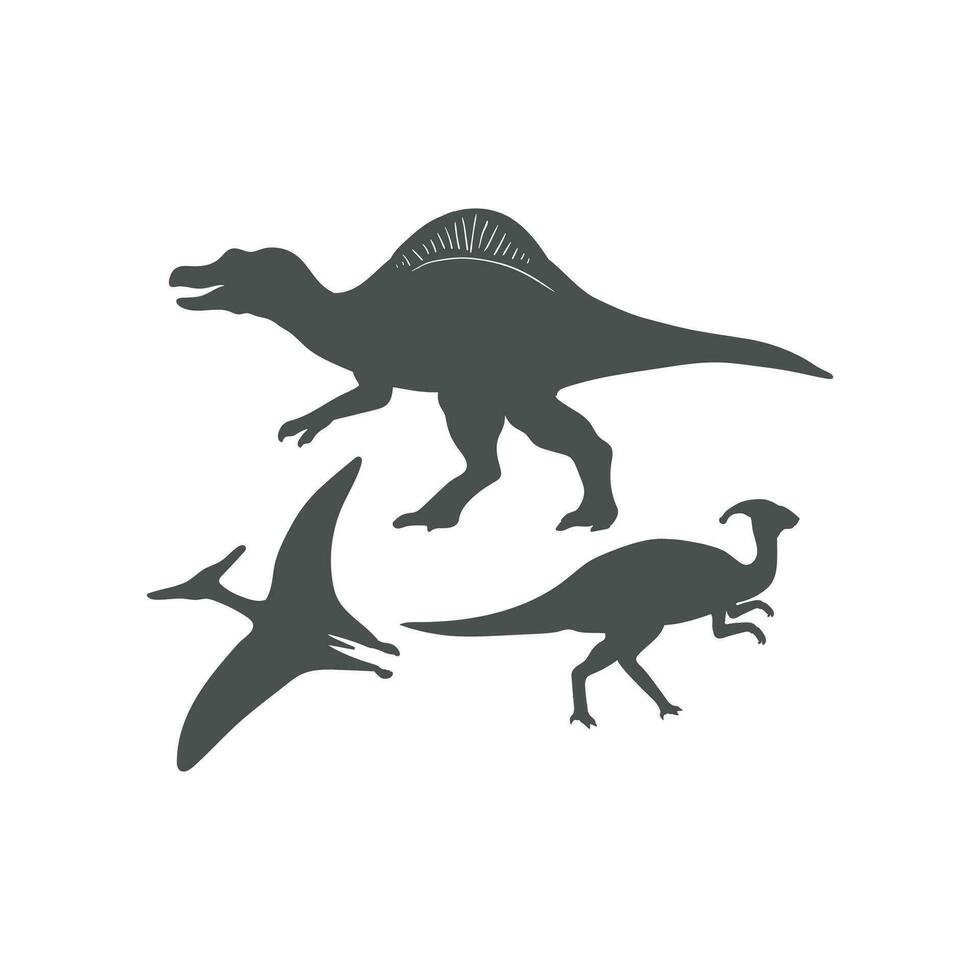 ensemble de dinosaures, spinosaure, ptéranodon et parasaurolophus silhouette icône illustration vecteur