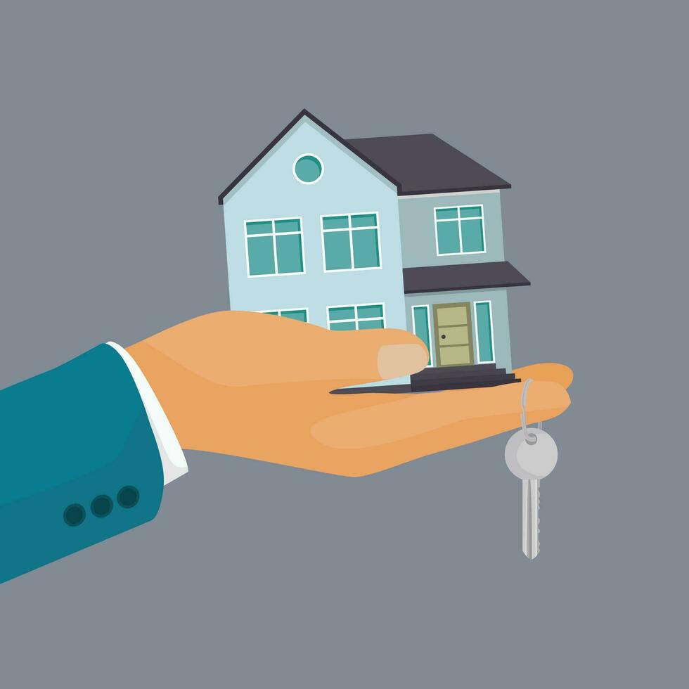 homme d'affaire main en portant maison avec clé représenter achat une maison concept, propriété achat, réel biens offre, de location vecteur