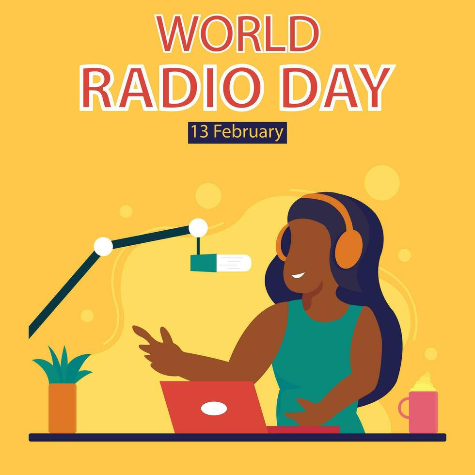 illustration vecteur graphique de une femme est Faire une vivre radio diffuser dans une studio, montrant studio équipement, parfait pour international jour, monde radio jour, célébrer, salutation carte, etc.