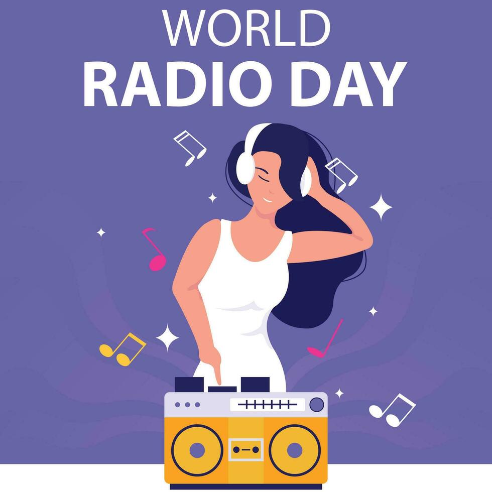 illustration vecteur graphique de une femme est tournant sur le radio à Ecoutez à musique, parfait pour international jour, monde radio jour, célébrer, salutation carte, etc.