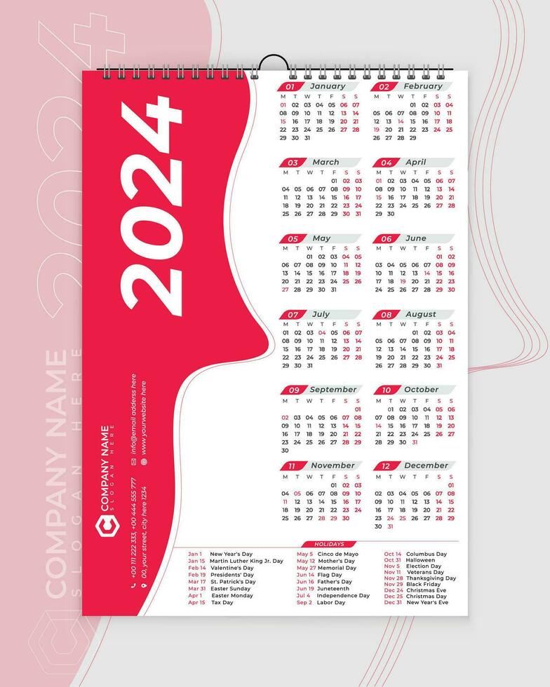 mur calendrier 2024, 2024 calendrier, calendrier conception, mur calendrier, bureau calendrier, Anglais calendrier, vacances vecteur