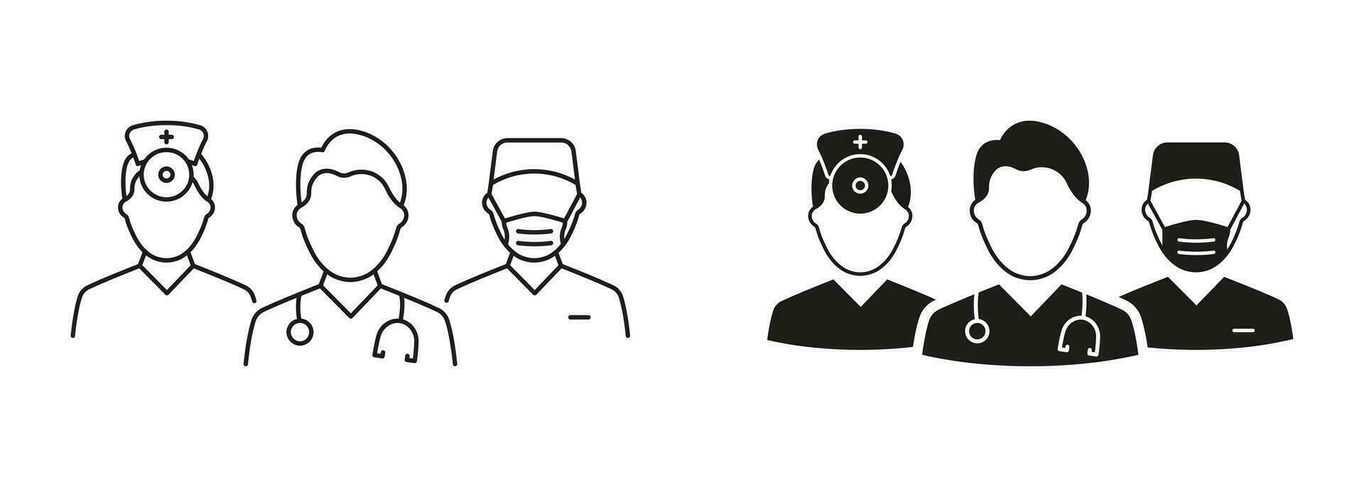 médical spécialistes groupe pictogramme ensemble. médecins et infirmière équipe ligne et silhouette Icônes. soins de santé professionnel hôpital Personnel noir symbole collection. isolé vecteur illustration.