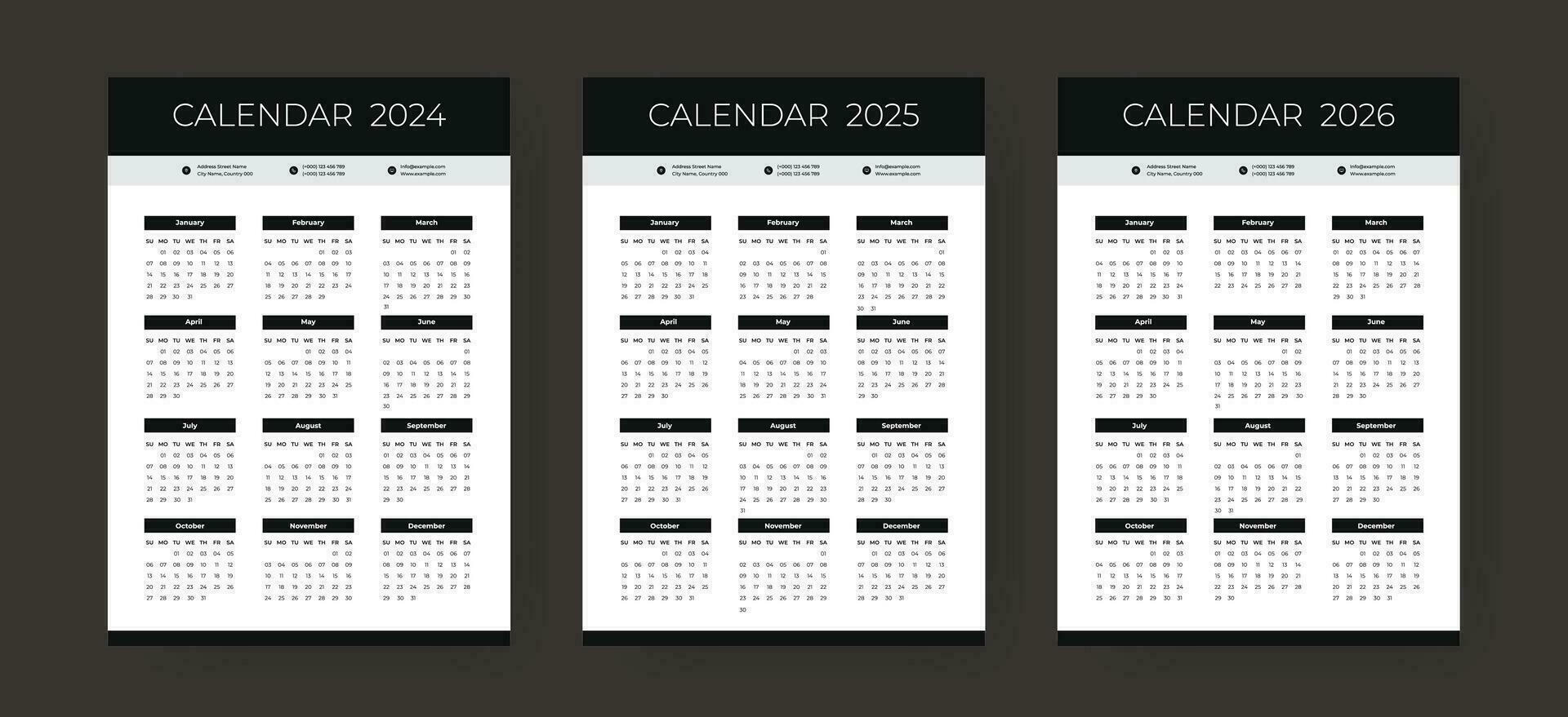 calendrier 2024, 2025, 2026 disposition modèle, noir mur calendrier ensemble conception. vecteur