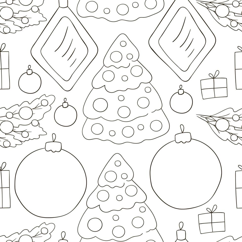 motif de coloration dans le style de dessin à la main. modèle vectorielle continue avec des décorations d'arbre de Noël vecteur