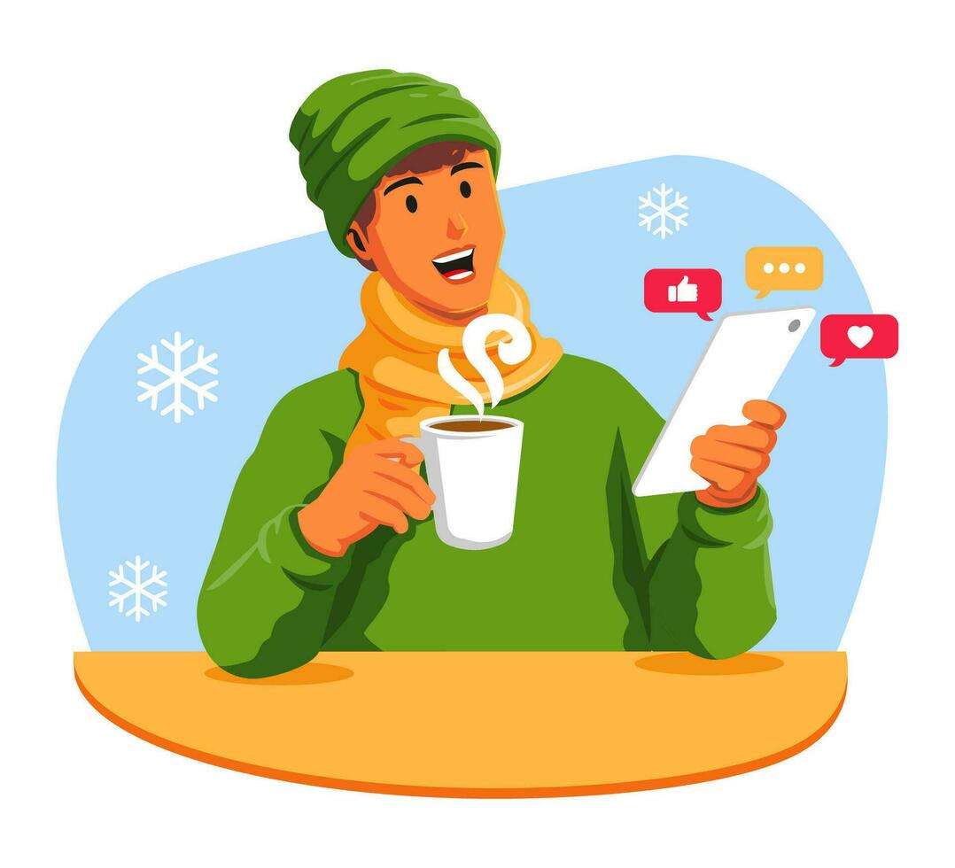 homme dans hiver vêtements avec une tasse de café et une téléphone intelligent social médias vecteur