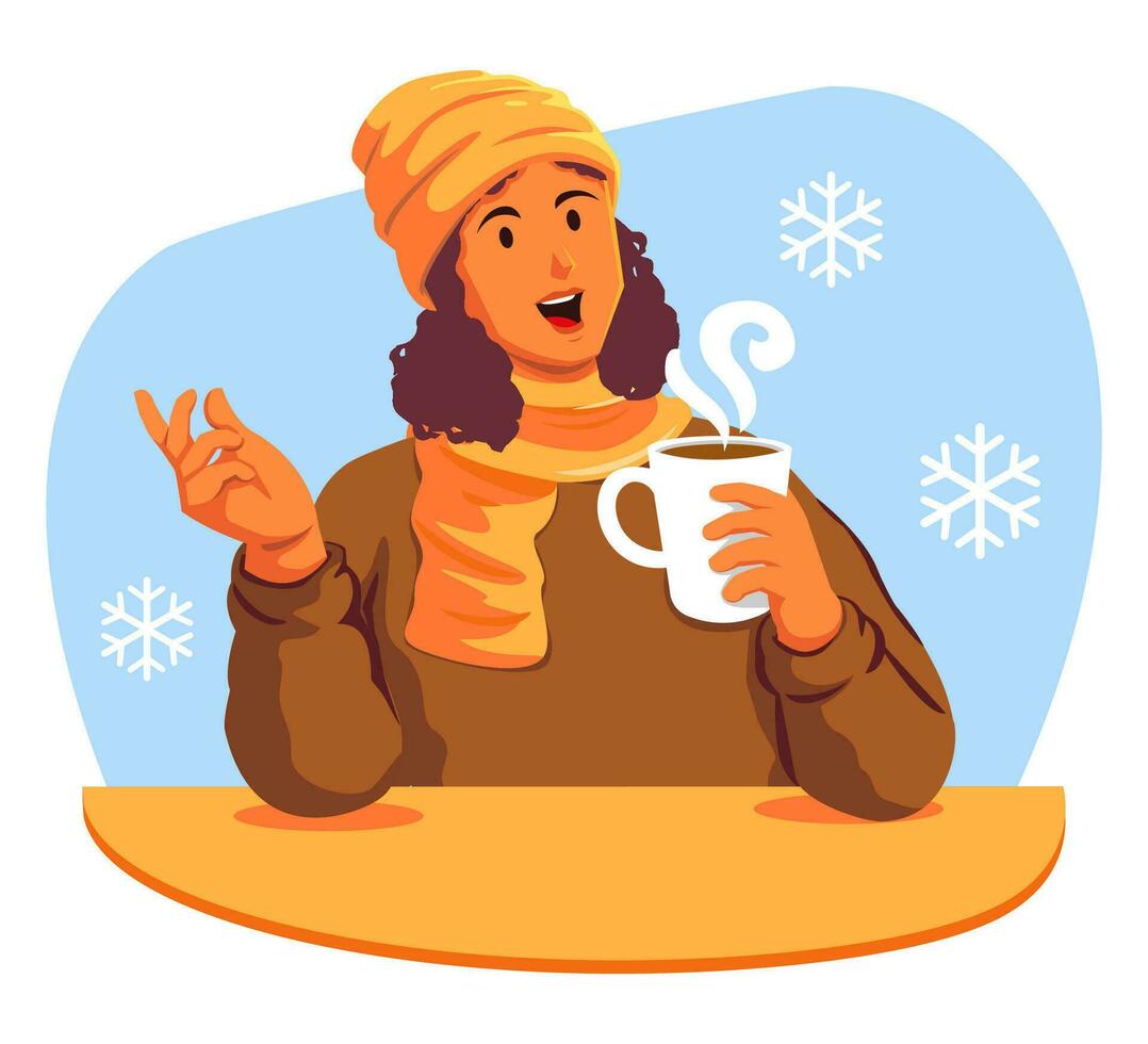 content femme avec une tasse de chaud boisson dans le hiver vecteur